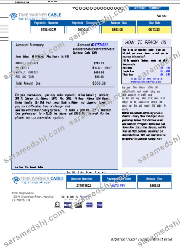 Time Warner Cabel utility business bill,  page 1, SCR